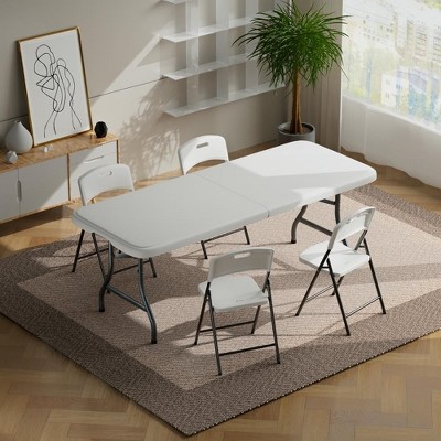 Resenkos Folding Table, Portable Plastic Picnic Tables, Fold-in-Half Heavy Duty Utility Foldable Table with Handle, Dining Card Long Table, Indoor
