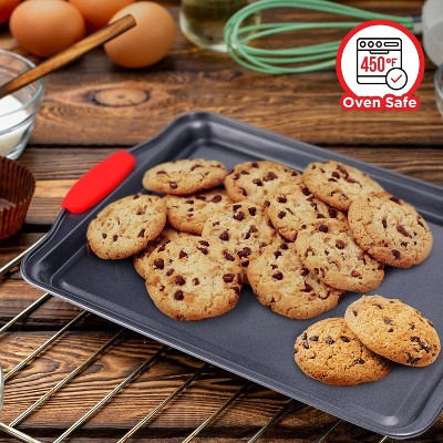 3-Piece Non-Stick Carbon Steel Baking Sheet Pan Set with Red Silicone Handles
