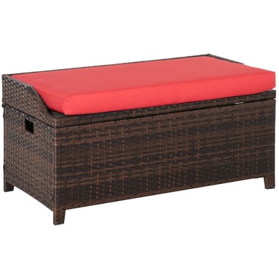 Outsunny Storage Bench Rattan Wicker Garden Deck Box Bin with Interior Waterproof Cloth Bag and Comfortable Cushion