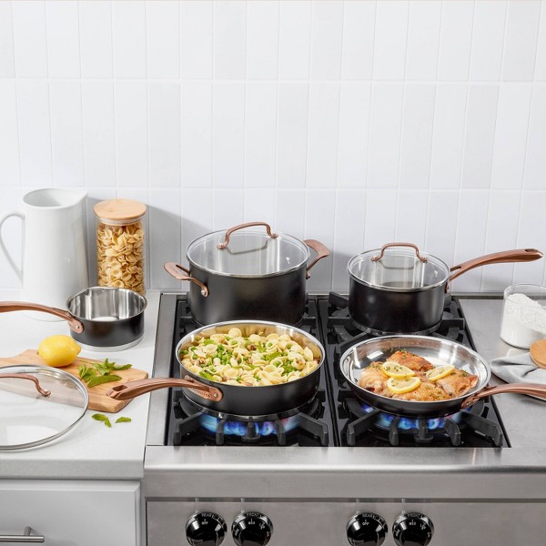 Juego de utensilios de cocina Cuisinart 8 piezas Classic Matte acero inoxidable, mangos negro rubor bronce: apto para lavavajillas, tapas de vidrio templado 5