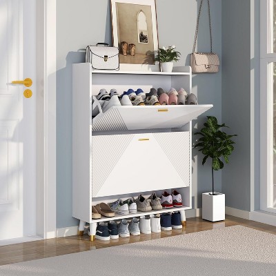TIRAMISUBEST White Wooden Shoe Cabinet with 2 Flip Drawers - Narrow Entryway Storage Organizer for Hallway or Living Room
