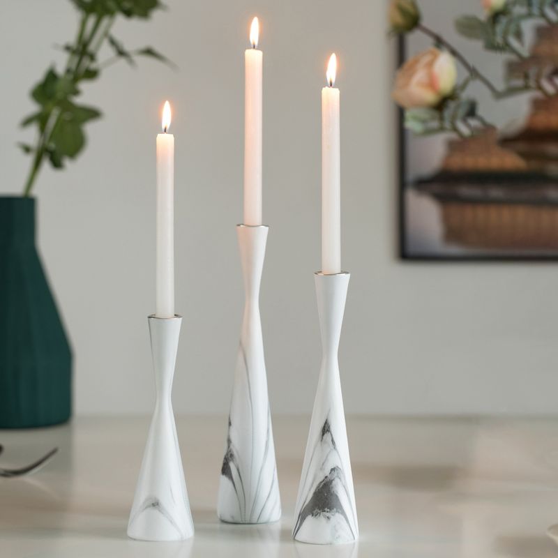Fabulaxe Marble Resin Candle Holders - Set of 3 Taper Candlesticks for Home Decor, Table Centerpieces, Interior Accents, White, 3 of 8