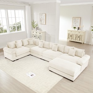 Oversized 154.6" Corduroy Cloud Modular U-Shaped Sectional Sofa with Thick Cushion and Movable Ottoman, 6-Piece Free combination Sofa - 1 of 4