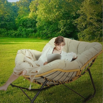 1pc Outdoor Rocking Lounge Chair, Rattan Wicker with Cotton Cushions, Ergonomic Round Shape for Indoor & Patio Use - Coolbibila