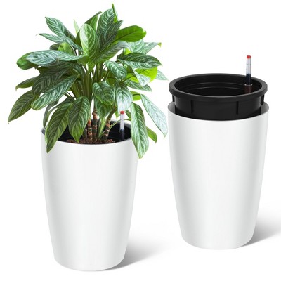 16" Tall Planter Set of 2, Self Watering Pots Indoor & Outdoor, Large Flower Pot with Water Level Monitor, for Patio, Porch, Home Office, White