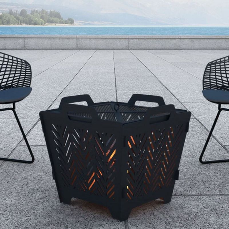 Four Seasons Courtyard 19" Steel Wood Burning Fire Pit Flat Square Outdoor Backyard Patio or Deck Fireplace with Spark Cover and Firewood Poker, Black, 6 of 8