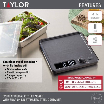 Taylor 22lb Black Stainless Steel Digital Kitchen Scale with Container