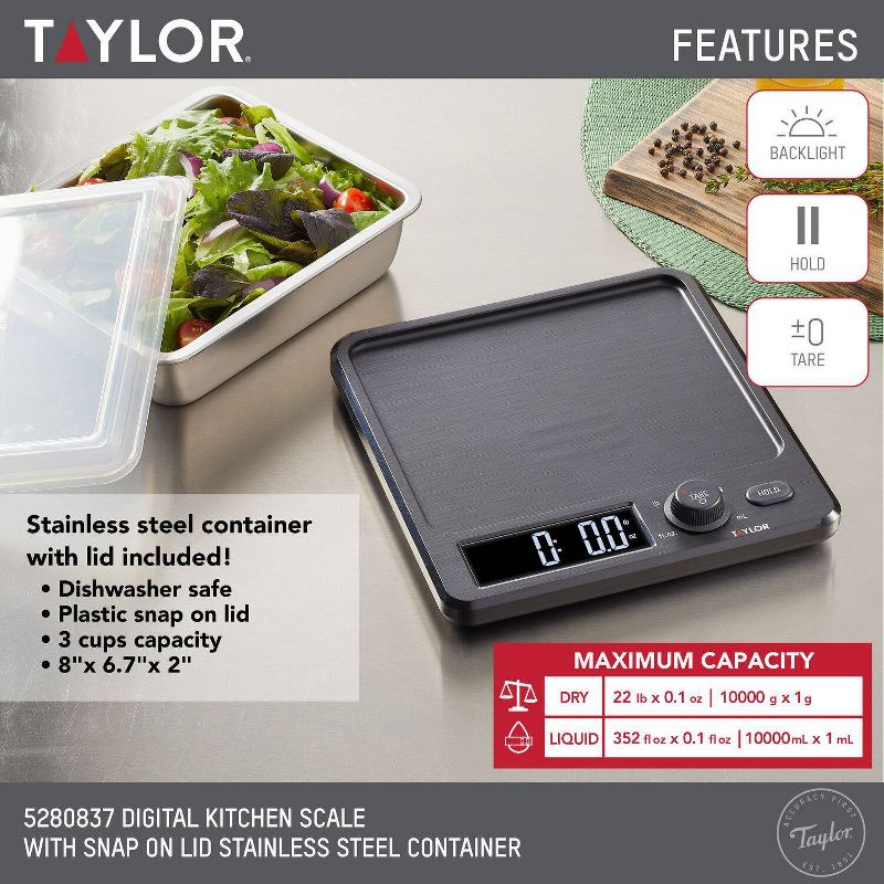 Taylor 22lb Stainless Steel Digital Kitchen Food Scale with Container Black/Gray, 3 of 15