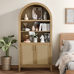 MAYEERTY 63" Tall Arched Storage Cabinet with Beech Wood Door 5 Tier Bookcase for Living Room Dining Room Beige - 1 of 4