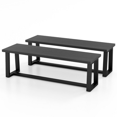 Tangkula Set of 2 56.5"L Wood Dining Bench Metal Frame w/ Adjustable Footpads Entryway Black