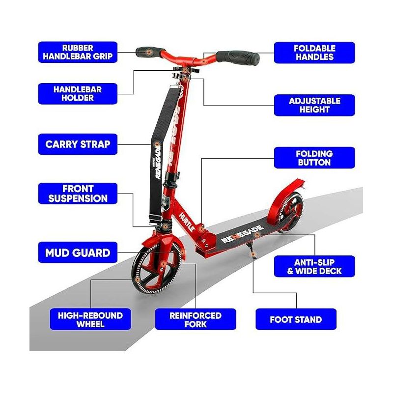 Hurtle Scooter Kick Scooter – 2 Wheel Scooter with Adjustable T-Bar Handlebar with Alloy Anti-Slip Deck (Red), 5 of 9