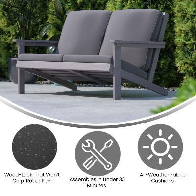 Gray Poly Resin Wood Adirondack Style Patio Loveseat with Cushions
