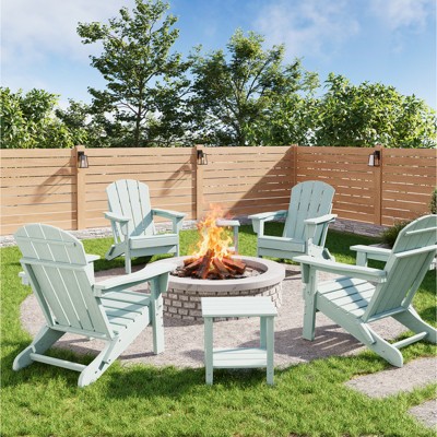 Folding Adirondack Chairs Set of 4 with 2 Side Table,HDPE Plastic Outdoor Chairs, Wood Texture,380Lbs & Weather Resistant for Fire Deck,Patio