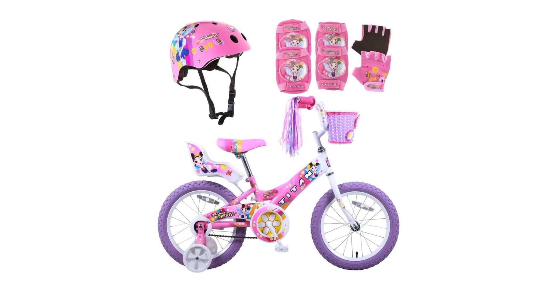Titan Girl's Flower Princess BMX Bike for 4-9 Years with Training Wheels 16 Inch Kids Bicycle with Protective Elbow Knee Pads and a Helmet, Pink