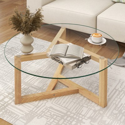 ALEXOUN 35.4 Inch Round Coffee Table with Tempered Glass & Wood Base - Modern Design,Easy to Clean & Assemble,for Living Room, Office Bedroom