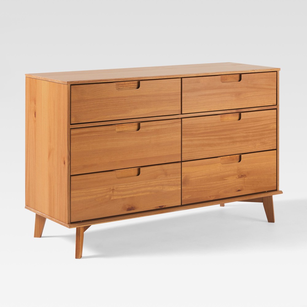 Saracina Home Mid Century Modern Groove Wood 6 Drawer Dresser Caramel
