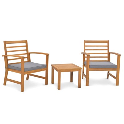 Tangkula 3PCS Furniture Set Acacia Wood Conversation Set w/ Soft Seat Cushions Outdoor Gray