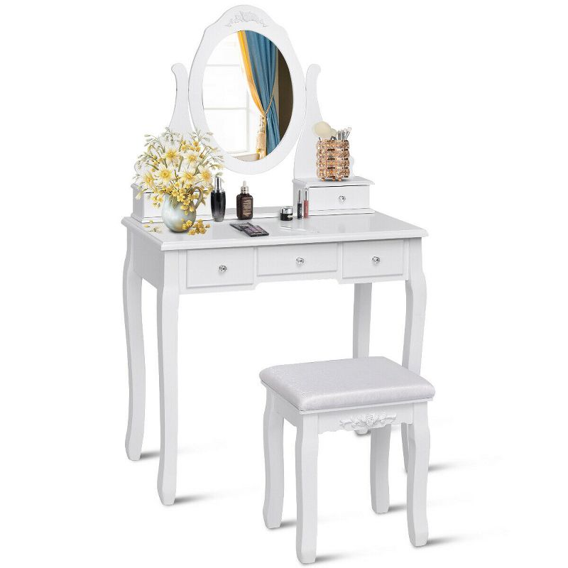 Costway Bedroom Wooden Mirrored Makeup Vanity Set Stool Table Set White 5 Drawers, 4 of 11