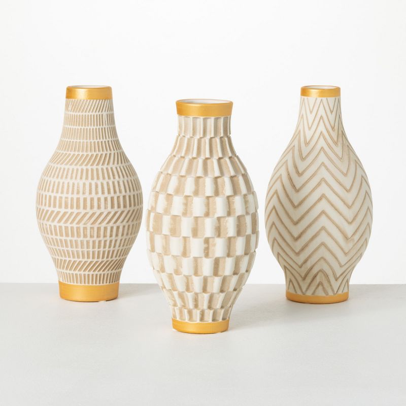 Sullivans Geometric Gold Trimmed Ceramic Vases Set of 3, 10"H Off-White, 1 of 5