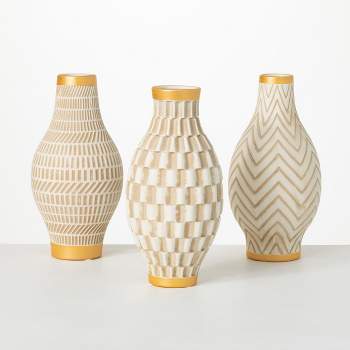 Sullivans Geometric Gold Trimmed Ceramic Vases Set of 3, 10"H Off-White