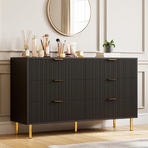 Modern 6-Drawer Dresser for Bedroom – Black Wood Double Chest with Gold Handles and Large Drawers - 1 of 4