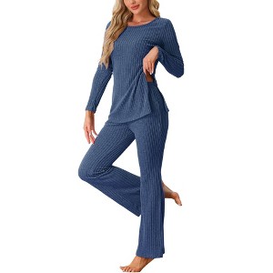 cheibear Women's Ribbed Knit Long Sleeves Top and Pants Two Piece Winter Pajama Sets - 1 of 4