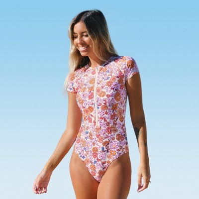 Women's Floral Short Sleeve Rash Guard Zipper Front One Piece Swimsuit -  Cupshe-m-beige : Target