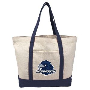 Monmouth University Primary Logo Canvas Tote Bag With External Pocket, Reusable Shoulder Bag for Shopping, School, Beach, Navy - 1 of 4
