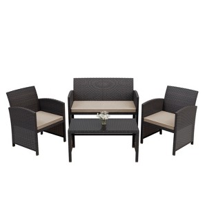 ALAULM 4PCS Rattan Patio Conversation Furniture Set Outdoor Wicker Chair Conversation set Coffee Table&Washable Cushions for Patio Lawn Backyard(Sand) - 1 of 4