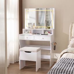 VECELO Vanity Desk with LED Lighted Mirror & Power Outlet, Makeup Table with 4 Drawers & Storage Stool, Adjustable 3 Lighting Modes for Bedroom