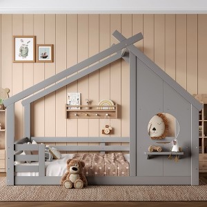 Okak Twin/Full House Floor Bed Frame with Window & Small Shelf,Solid Wood House-shaped Bed for Kids,No Spring Box Needed - 1 of 4