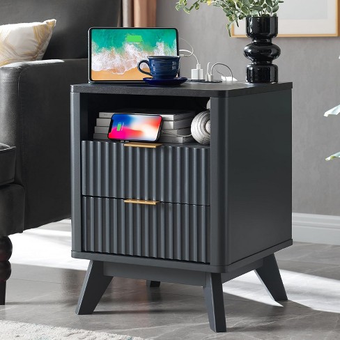 18" Modern Fluted Nightstand with Charging Station, Side Table with Faux Marble Top for Bedroom, Living Room - image 1 of 4