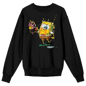 Spongebob Squarepants Yellow Sponge, Blowing Candle, Melting, on Black Long Sleeve Adult crew neck - 1 of 3