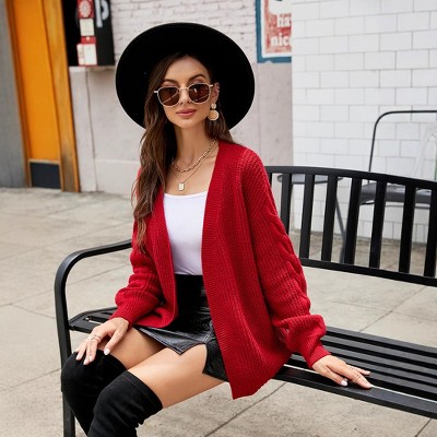 Women Knit Cardigan Plaid Tie Waist Lantern Sleeve Casual Sweater Cardigan Coat