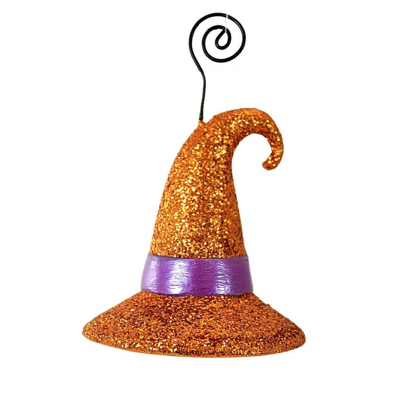 Bethany Lowe 4.5 Inch Witch Hat Orange Glitter Halloween Place Card Holder Tree Ornaments, 3 of 4