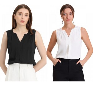 Allegra K Women's Elegant Chiffon V Neck Sleeveless Work Pleated Blouse 2 Packs - 1 of 4