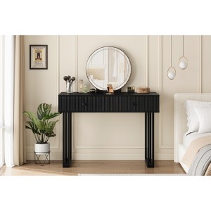 Vanity Makeup Desk with Round Mirror, 40" Small Modern Black Vanity Desk, Dressing Table with 2 Drawers, Girls Compact Vanity Desk for Bedroom - 1 of 4
