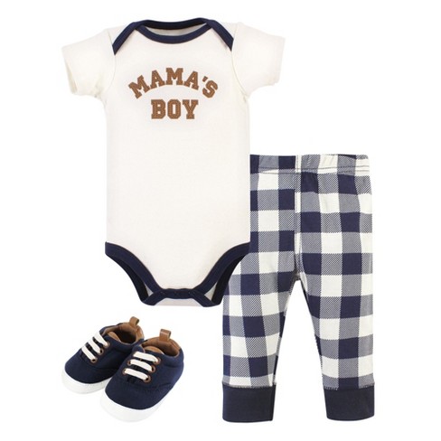 Hudson Baby Infant Boy Cotton Bodysuit, Pant and Shoe Set, Brown Navy Mamas Boy - image 1 of 4