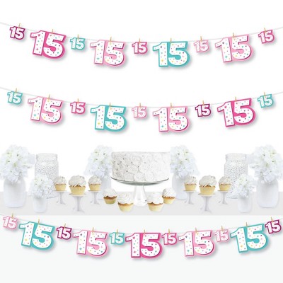 Big Dot of Happiness Girl 15th Birthday - Teen Birthday Party DIY Decorations - Clothespin Garland Banner - 44 Pieces