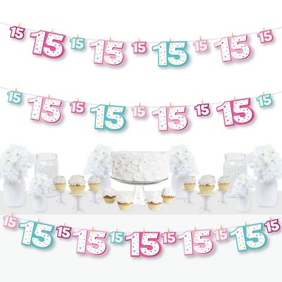 Big Dot of Happiness Girl 15th Birthday - Teen Birthday Party DIY Decorations - Clothespin Garland Banner - 44 Pieces