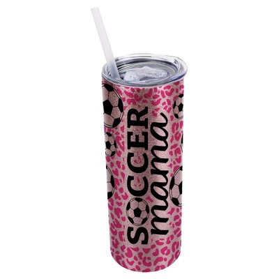 Elanze Designs Leopard Print Bubblegum Pink 20 Ounce Double Wall Stainless Steel Glitter Travel Tumbler With Sliding Lid And Straw, Soccer Mom