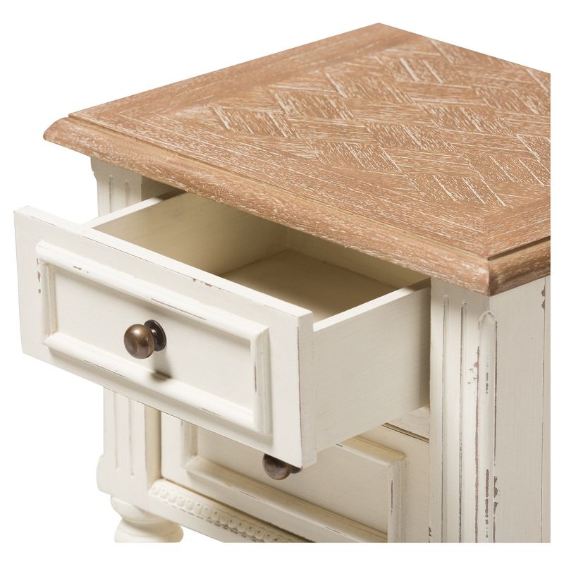 Marquetterie French Provincial Style Weathered Oak Wash Distressed Wood Finish Two - Tone 2 - Drawer and 1 - Shelf Nightstand - White - Baxton Studio, 5 of 7