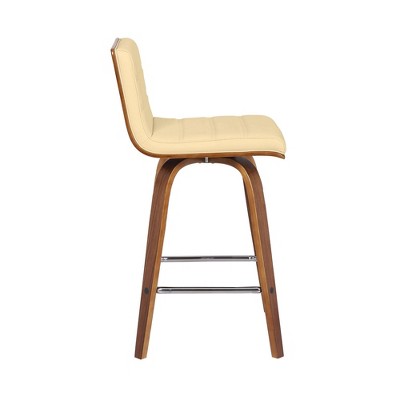 26" Cream Faux Leather and Walnut Wood Swivel Bar Stool