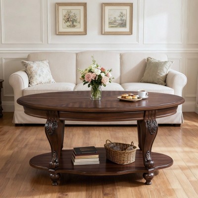 Hostack 42'' oval wood coffee table with 2-Tiers and Open Storage Shelf for Living Room, Cherry
