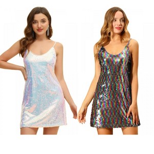 Allegra K Women's Glitter Sequin Spaghetti Strap V Neck Cocktail Sparkly Mini Dress 2 Packs - 1 of 4