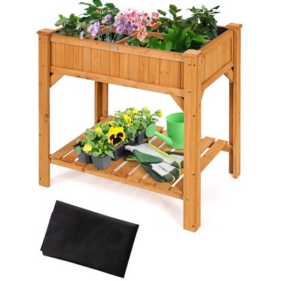 Costway 8 Grids Raised Garden Bed Elevated Planter Box Kit Wood w/Liner & Shelf