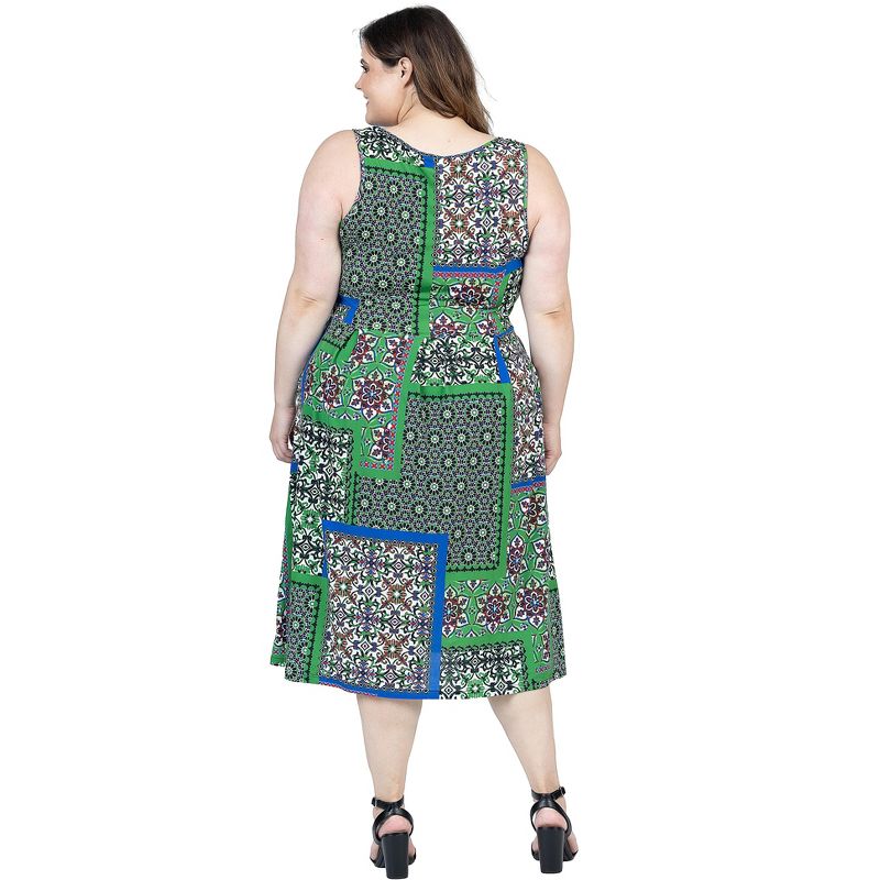 24seven Comfort Apparel Plus Size Midi Length Green Scarf Print Sleeveless Pleated Pocket Dress, 3 of 7