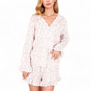 Anna-Kaci Lounge Women's Button-Down Leopard Print Pajama Set with Ruffled Hem Shorts - 1 of 4