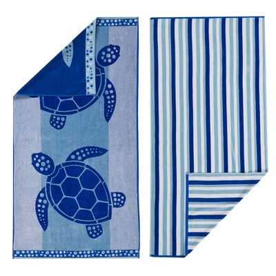 Great Bay Home Cotton Printed 2-Pack Beach Towel  (2 Pack- 30" x 60", Turtles / Stripe)