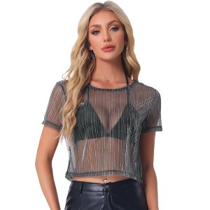 INSPIRE CHIC Women's Mesh Crop Short Sleeve Metallic Party See-Through Crop Shirts - 1 of 4